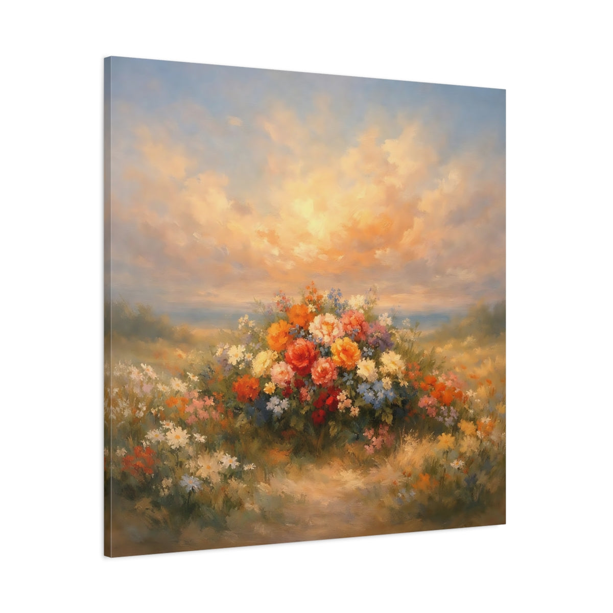 Main Mockup. Floral Flower Bouquet Colorful Flower Field shown as stretched canvas wall art