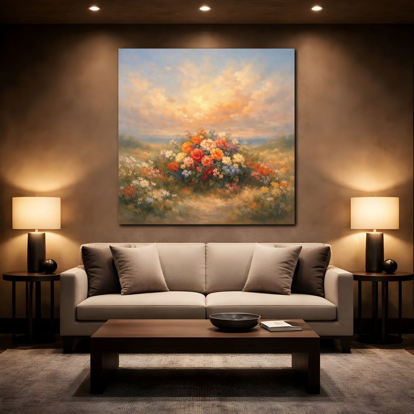 Mockup 2. Floral Flower Bouquet Colorful Flower Field shown as stretched canvas wall art