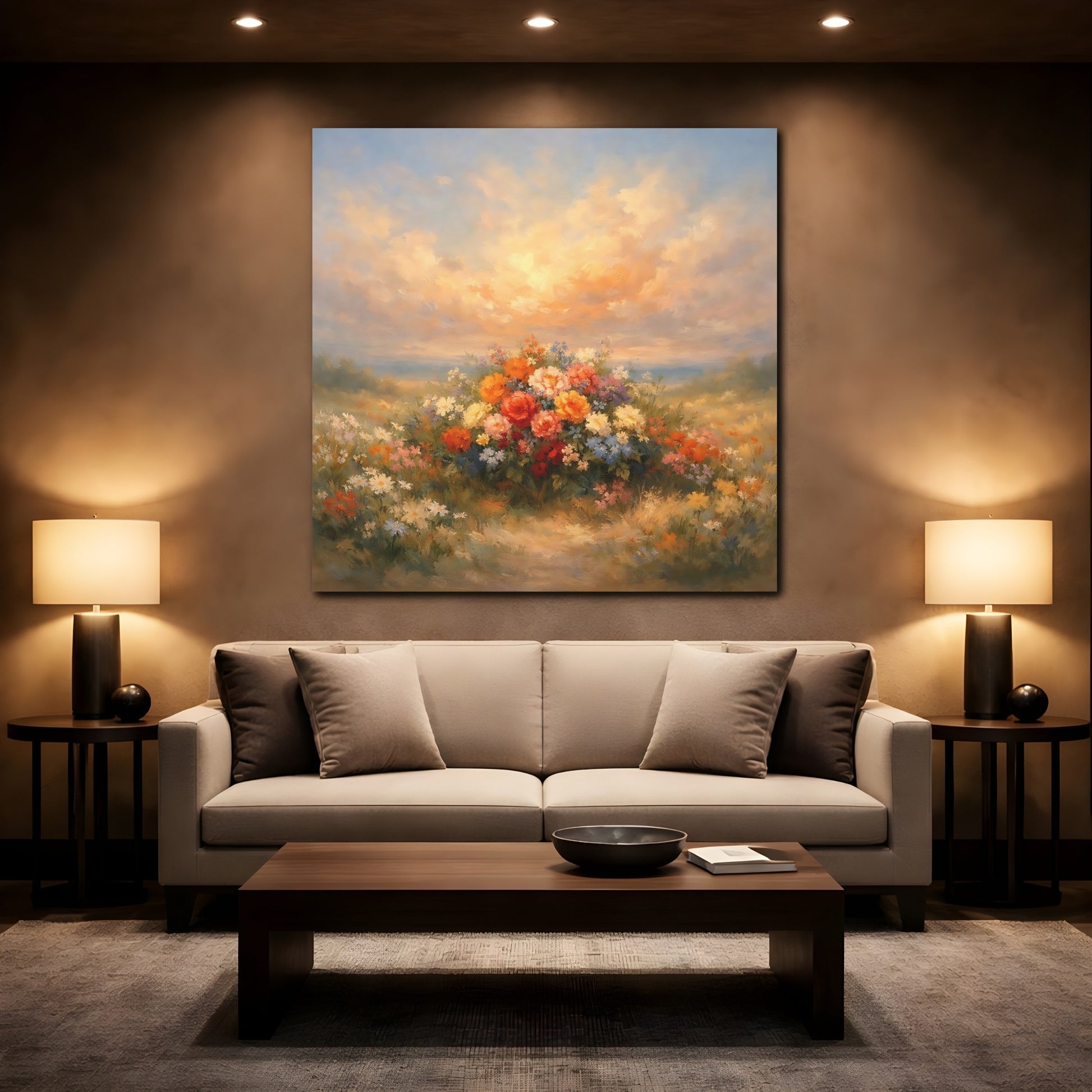 Mockup 2. Floral Flower Bouquet Colorful Flower Field shown as stretched canvas wall art