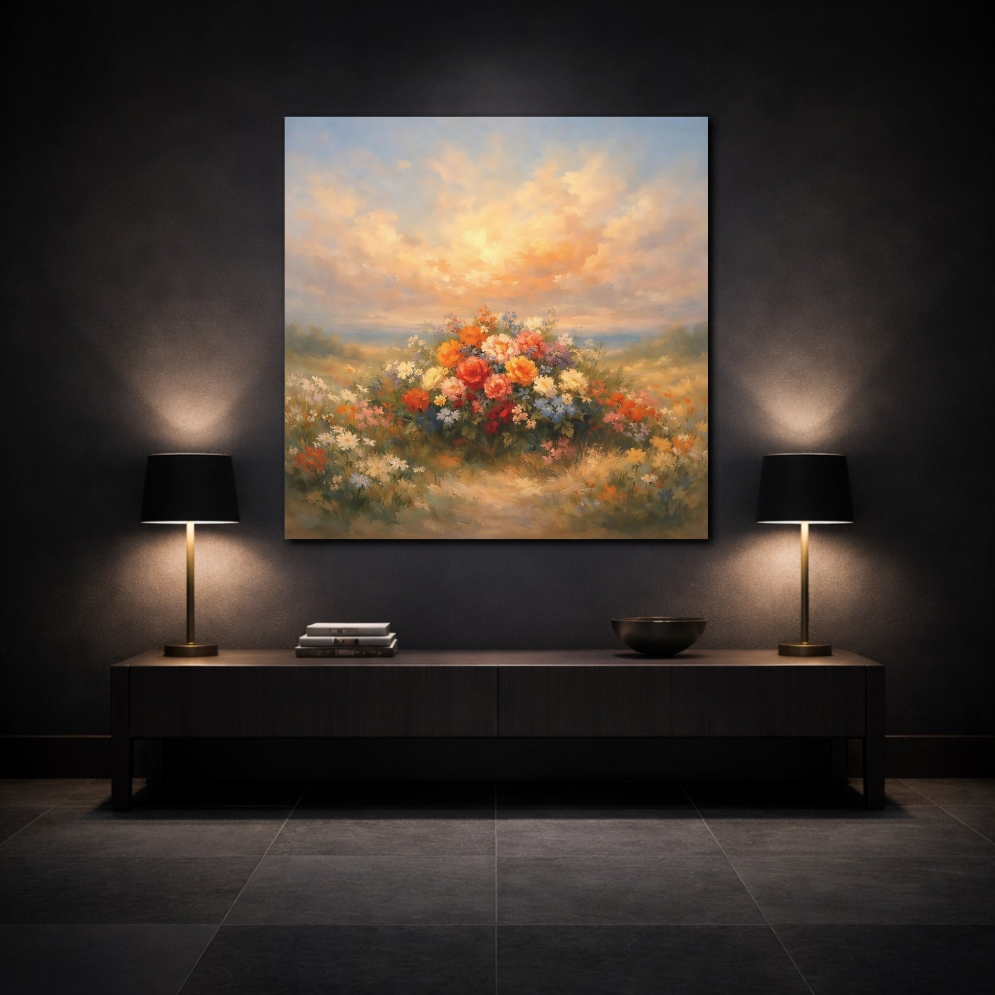 Mockup 3. Floral Flower Bouquet Colorful Flower Field shown as stretched canvas wall art