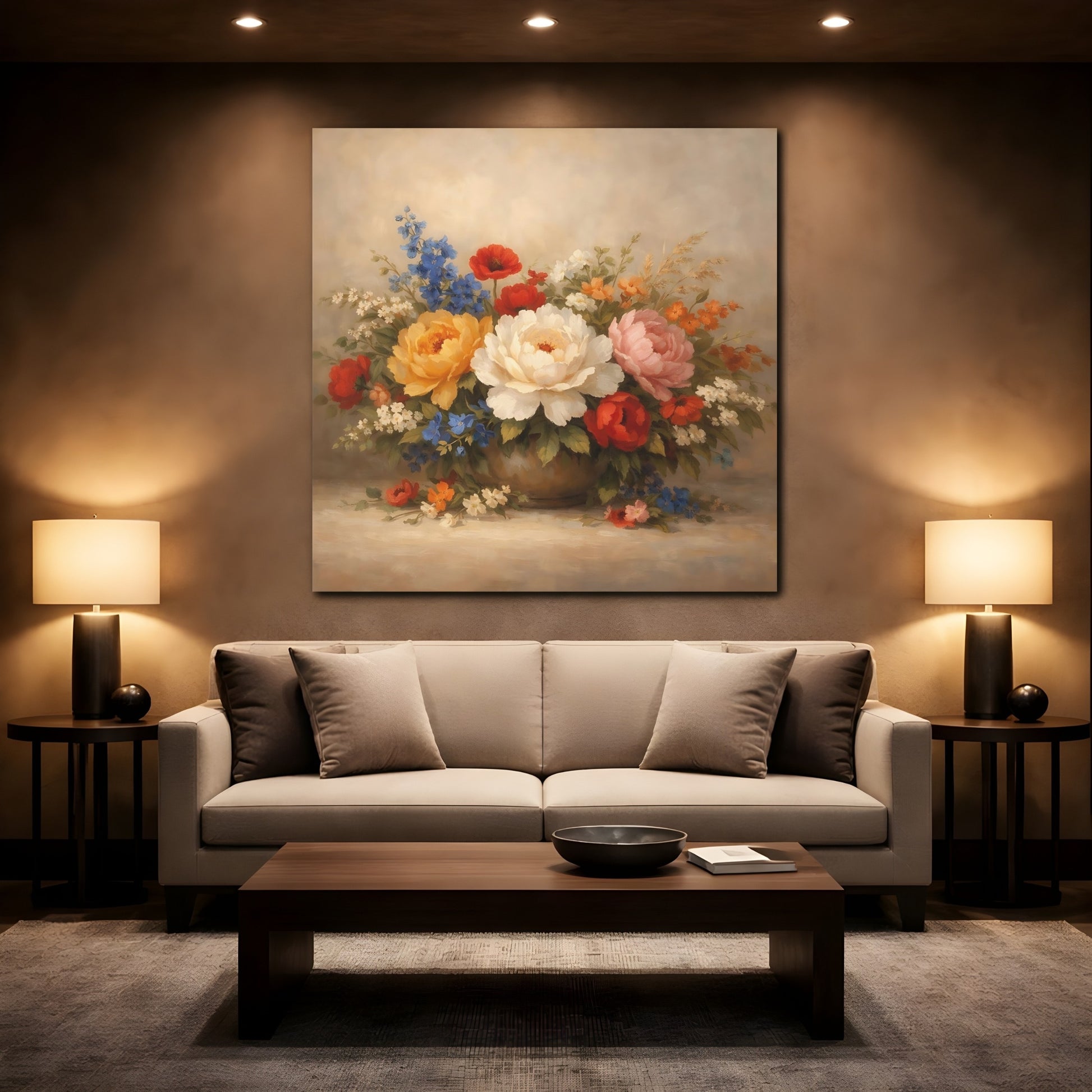 Mockup 2. Floral Flower Bouquet Colorful Flowers shown as stretched canvas wall art