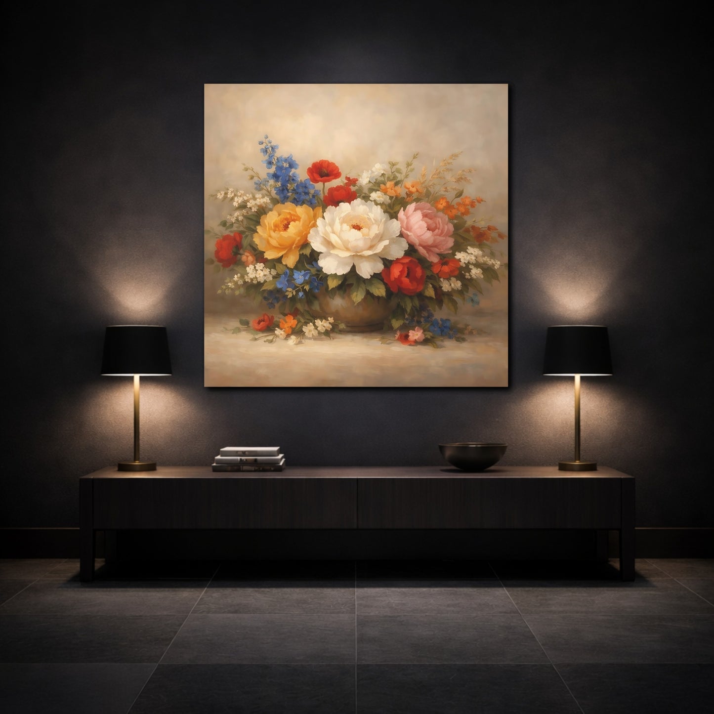 Mockup 3. Floral Flower Bouquet Colorful Flowers shown as stretched canvas wall art