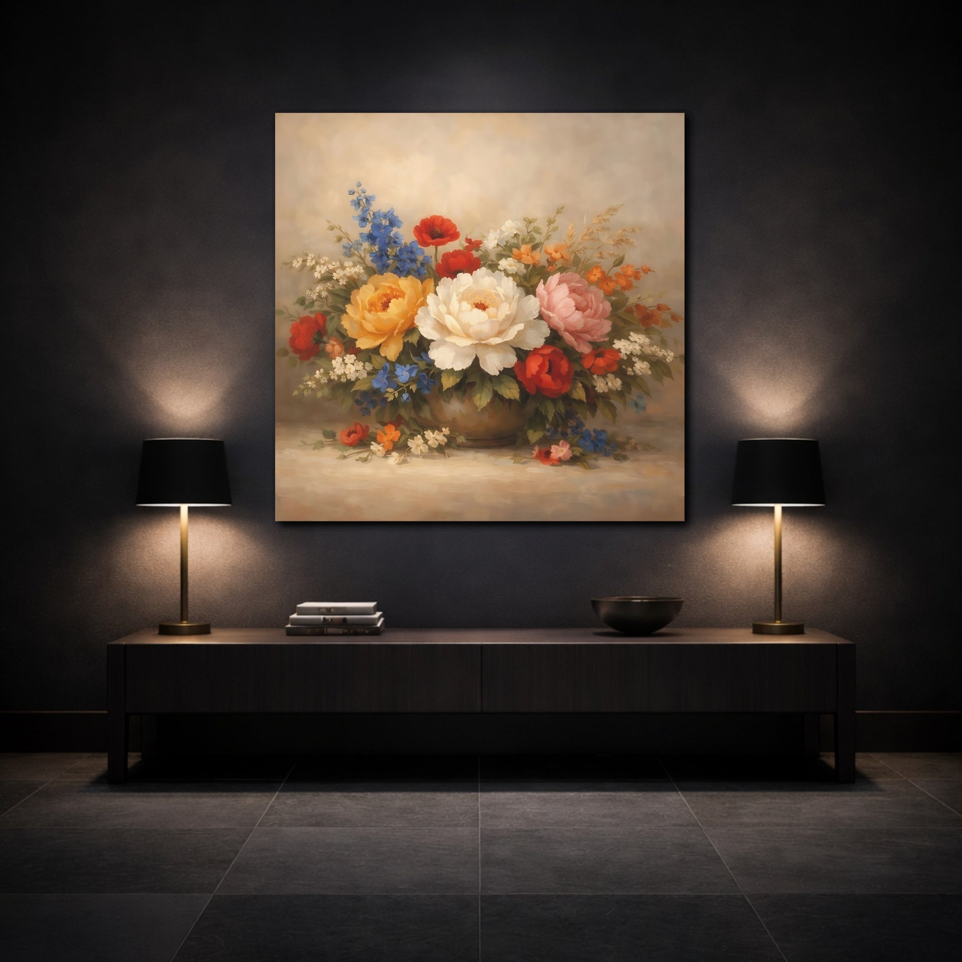 Mockup 3. Floral Flower Bouquet Colorful Flowers shown as stretched canvas wall art