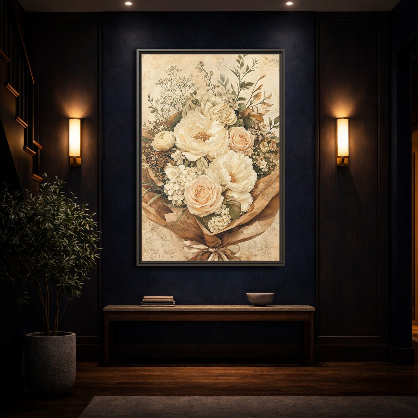 Mockup 4. Floral Flower Bouquet Cream Floral Bouquet shown as framed canvas print