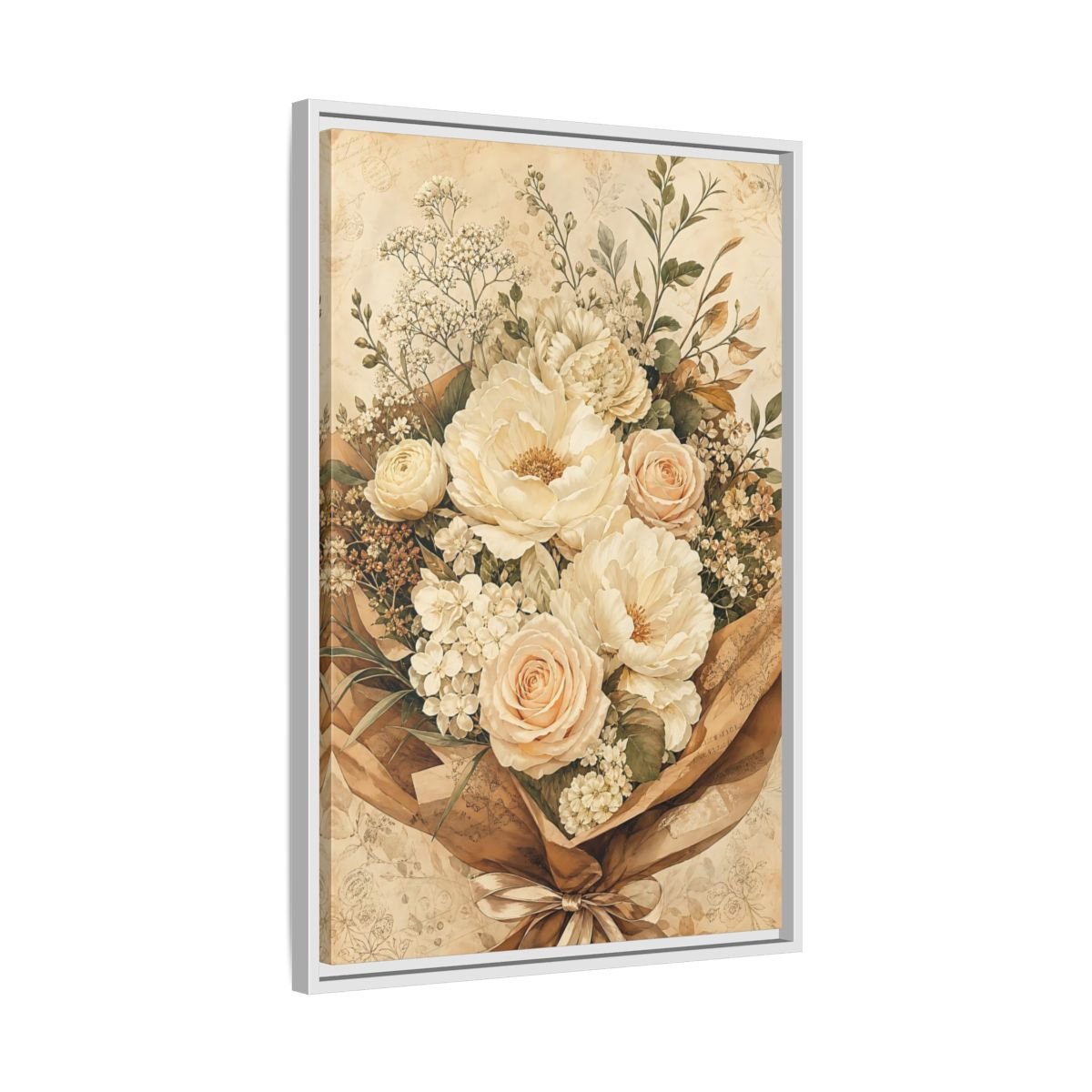 Floral Flower Bouquet Cream Framed Canvas Print – Bedroom, Above Headboard - YesArtYes