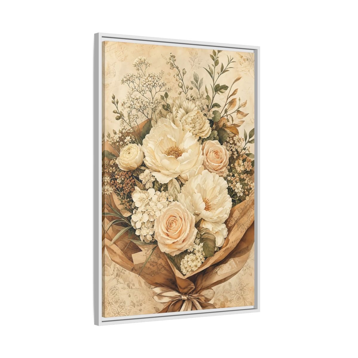 Floral Flower Bouquet Cream Framed Canvas Print – Bedroom, Above Headboard - YesArtYes
