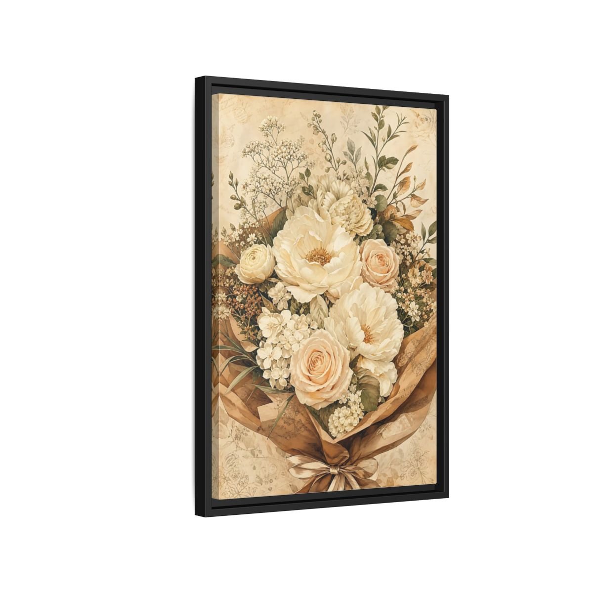 Floral Flower Bouquet Cream Framed Canvas Print – Bedroom, Above Headboard - YesArtYes