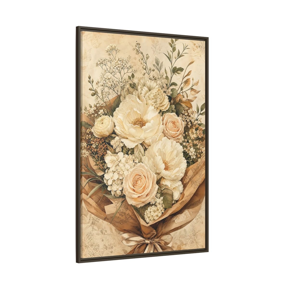 Floral Flower Bouquet Cream Framed Canvas Print – Bedroom, Above Headboard - YesArtYes