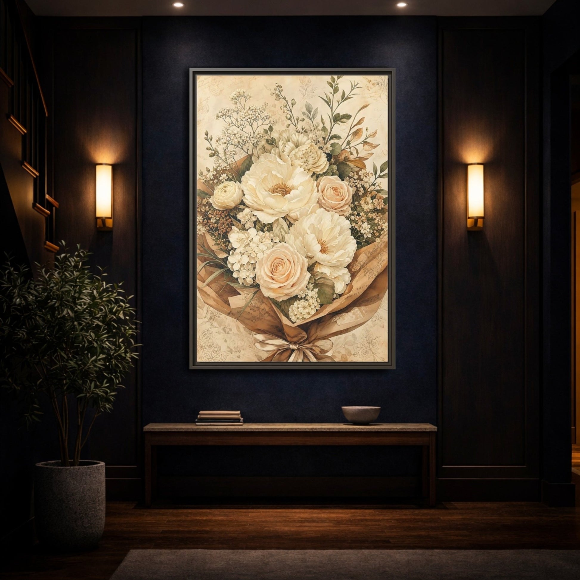 Floral Flower Bouquet Cream Framed Canvas Print – Bedroom, Above Headboard - YesArtYes