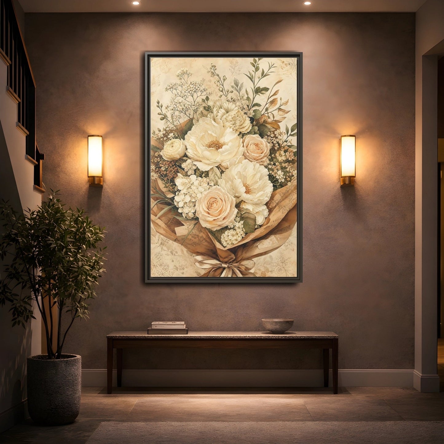 Floral Flower Bouquet Cream Framed Canvas Print – Bedroom, Above Headboard - YesArtYes