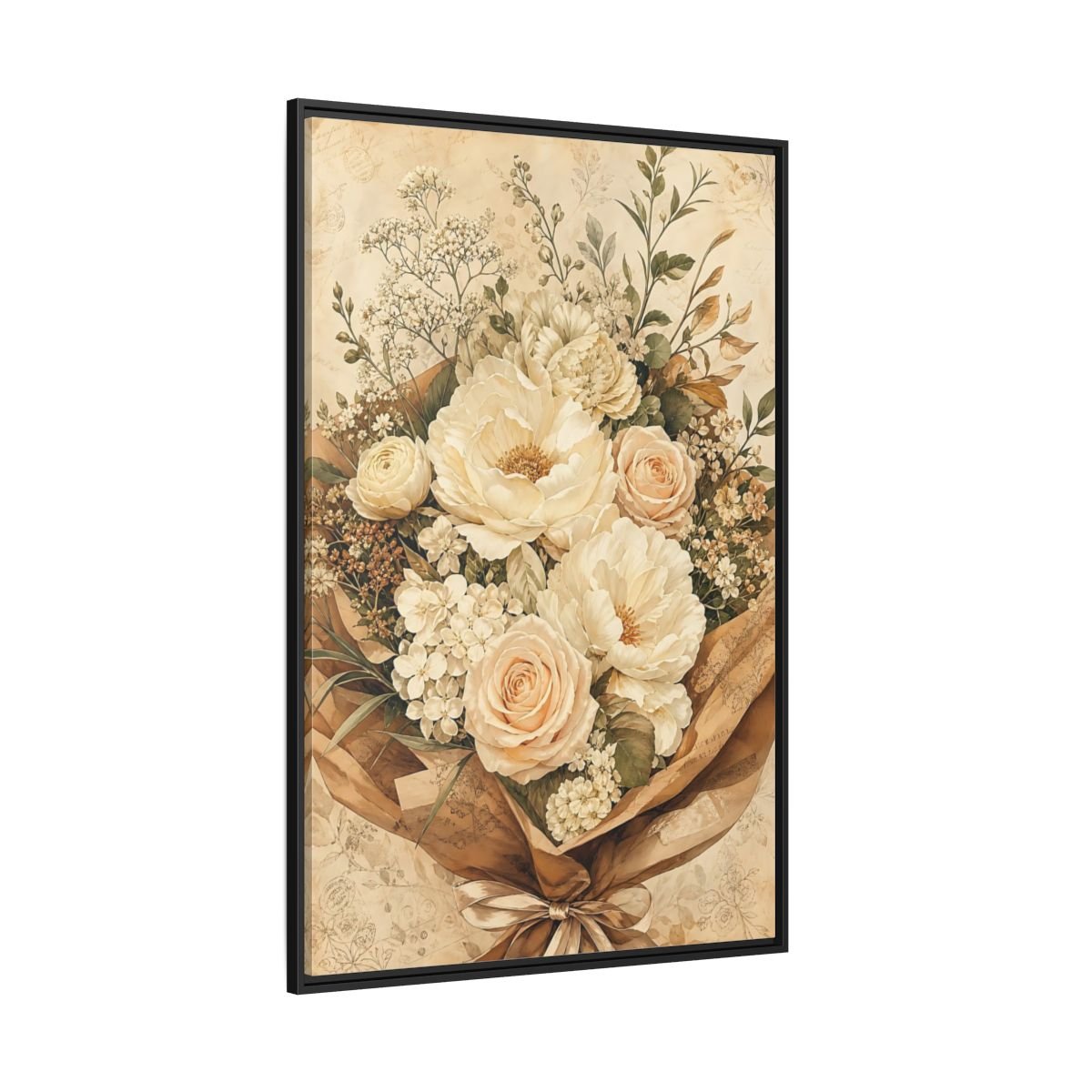 Floral Flower Bouquet Cream Framed Canvas Print – Bedroom, Above Headboard - YesArtYes