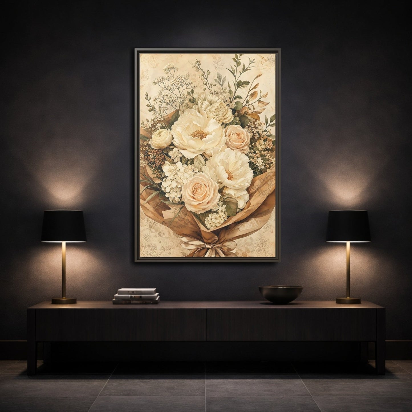 Floral Flower Bouquet Cream Framed Canvas Print – Bedroom, Above Headboard - YesArtYes
