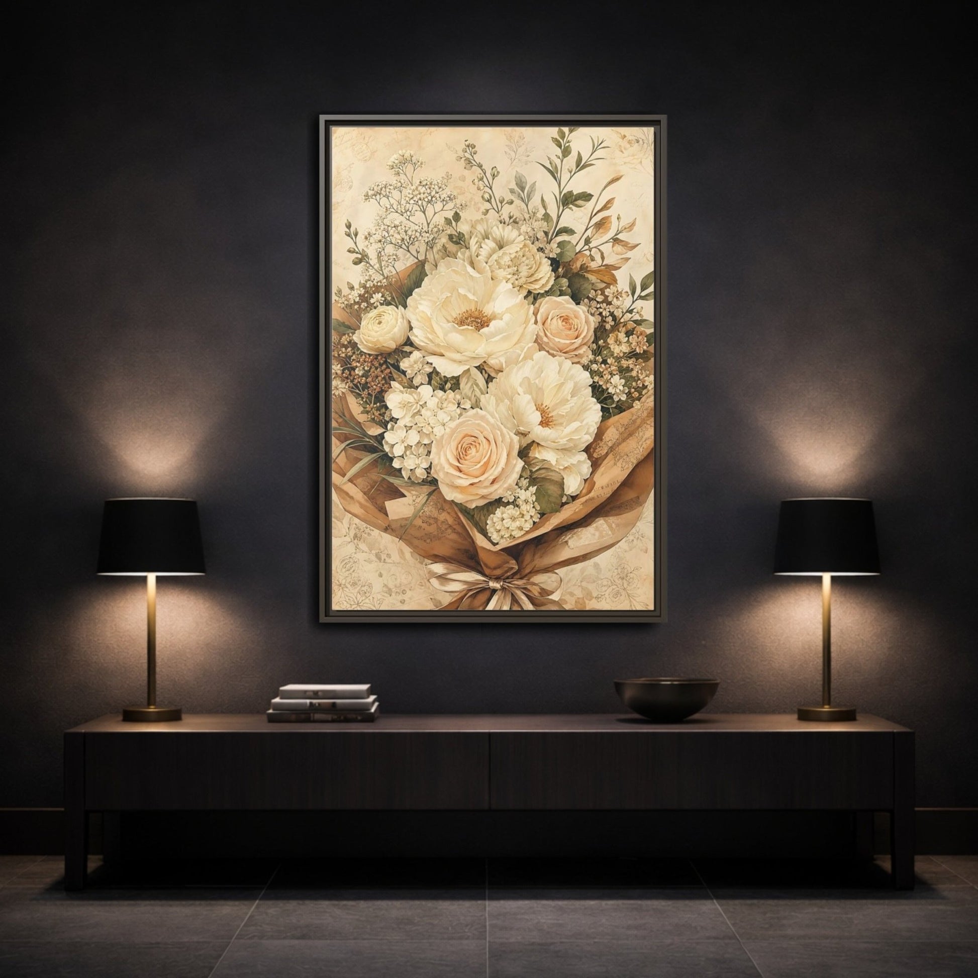 Floral Flower Bouquet Cream Framed Canvas Print – Bedroom, Above Headboard - YesArtYes