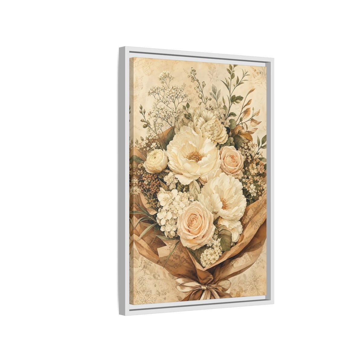 Floral Flower Bouquet Cream Framed Canvas Print – Bedroom, Above Headboard - YesArtYes