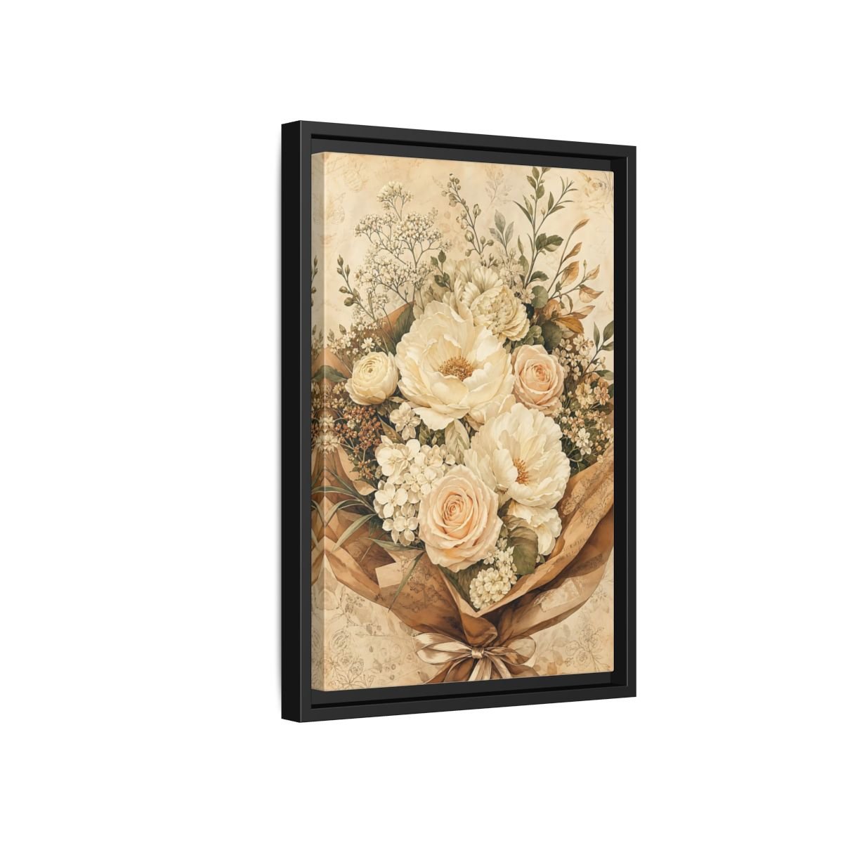 Floral Flower Bouquet Cream Framed Canvas Print – Bedroom, Above Headboard - YesArtYes
