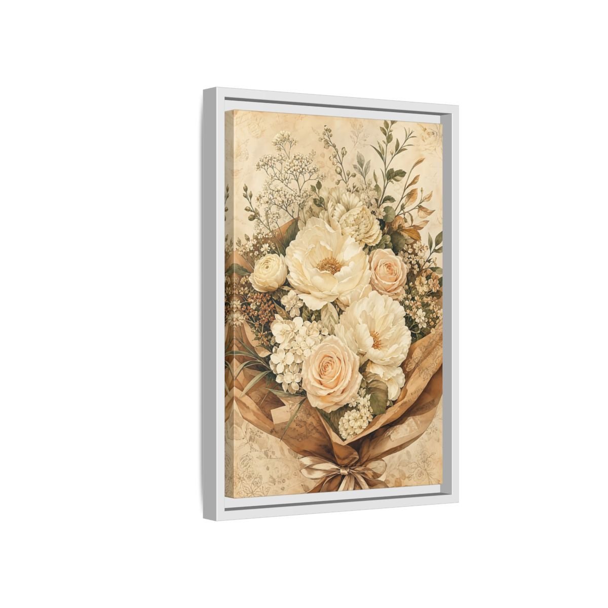 Floral Flower Bouquet Cream Framed Canvas Print – Bedroom, Above Headboard - YesArtYes
