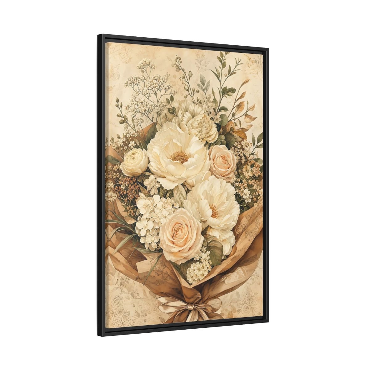 Floral Flower Bouquet Cream Framed Canvas Print – Bedroom, Above Headboard - YesArtYes