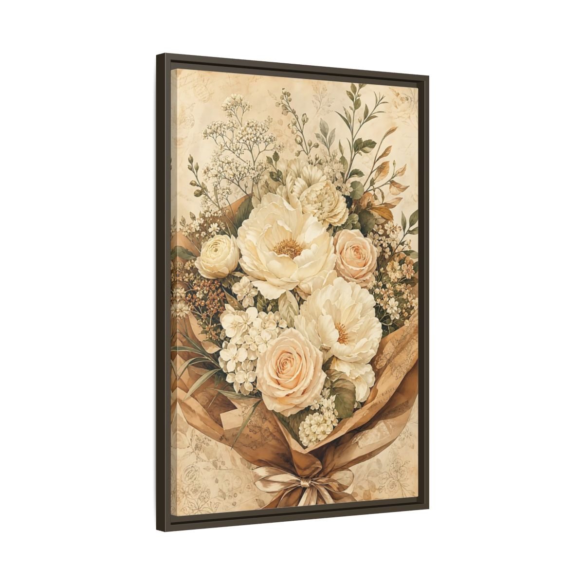 Floral Flower Bouquet Cream Framed Canvas Print – Bedroom, Above Headboard - YesArtYes