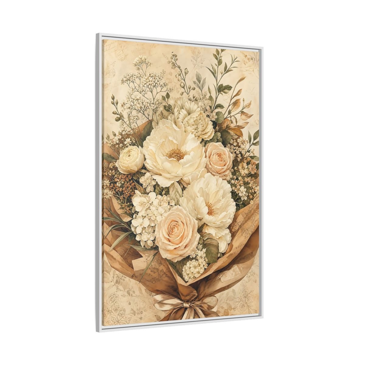Floral Flower Bouquet Cream Framed Canvas Print – Bedroom, Above Headboard - YesArtYes