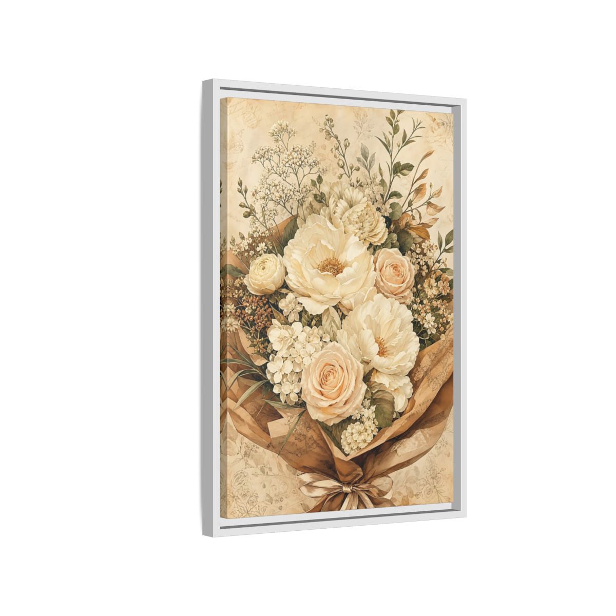 Side Mockup 1. Floral Flower Bouquet Cream Floral Bouquet shown as framed canvas print
