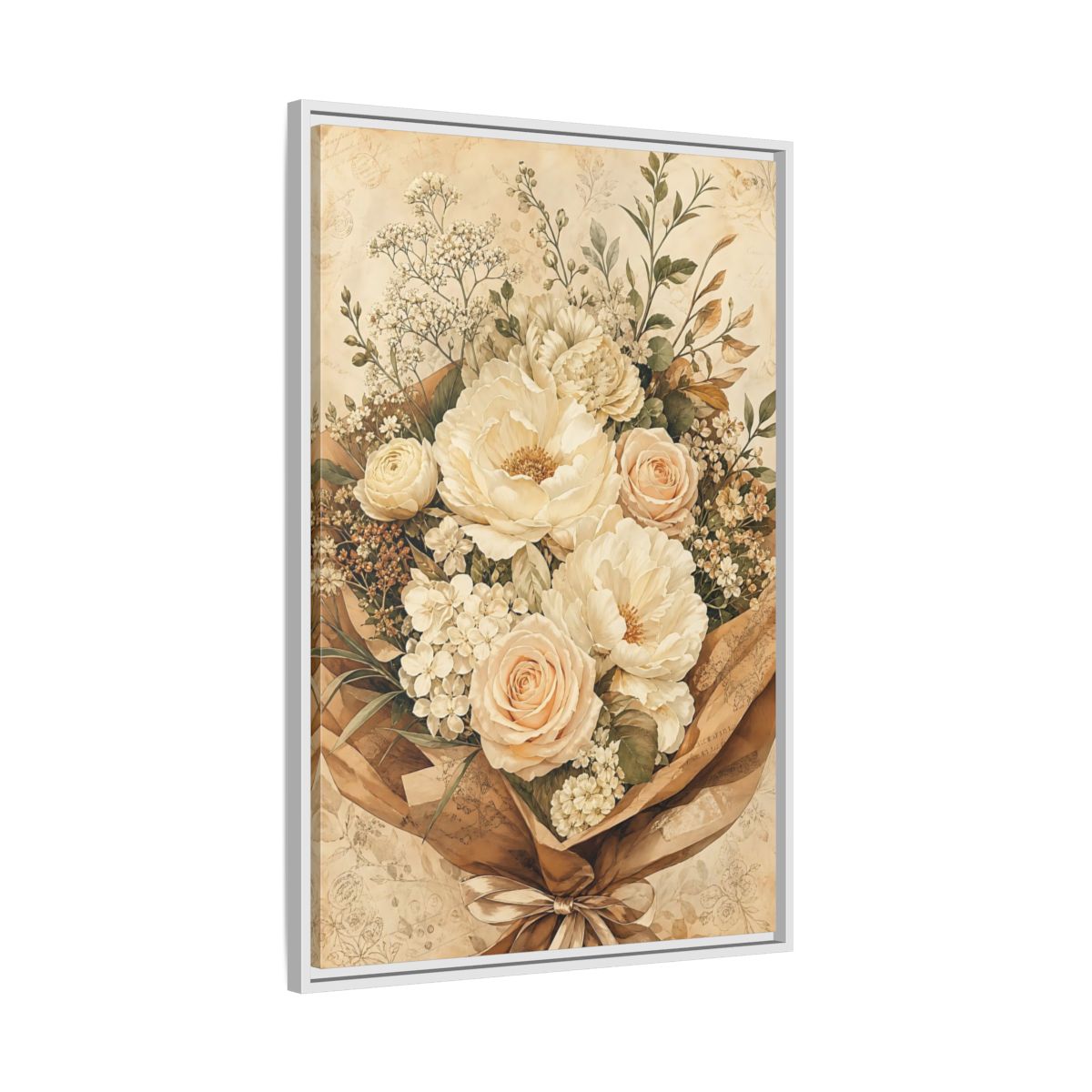 Side Mockup 9. Floral Flower Bouquet Cream Floral Bouquet shown as framed canvas print
