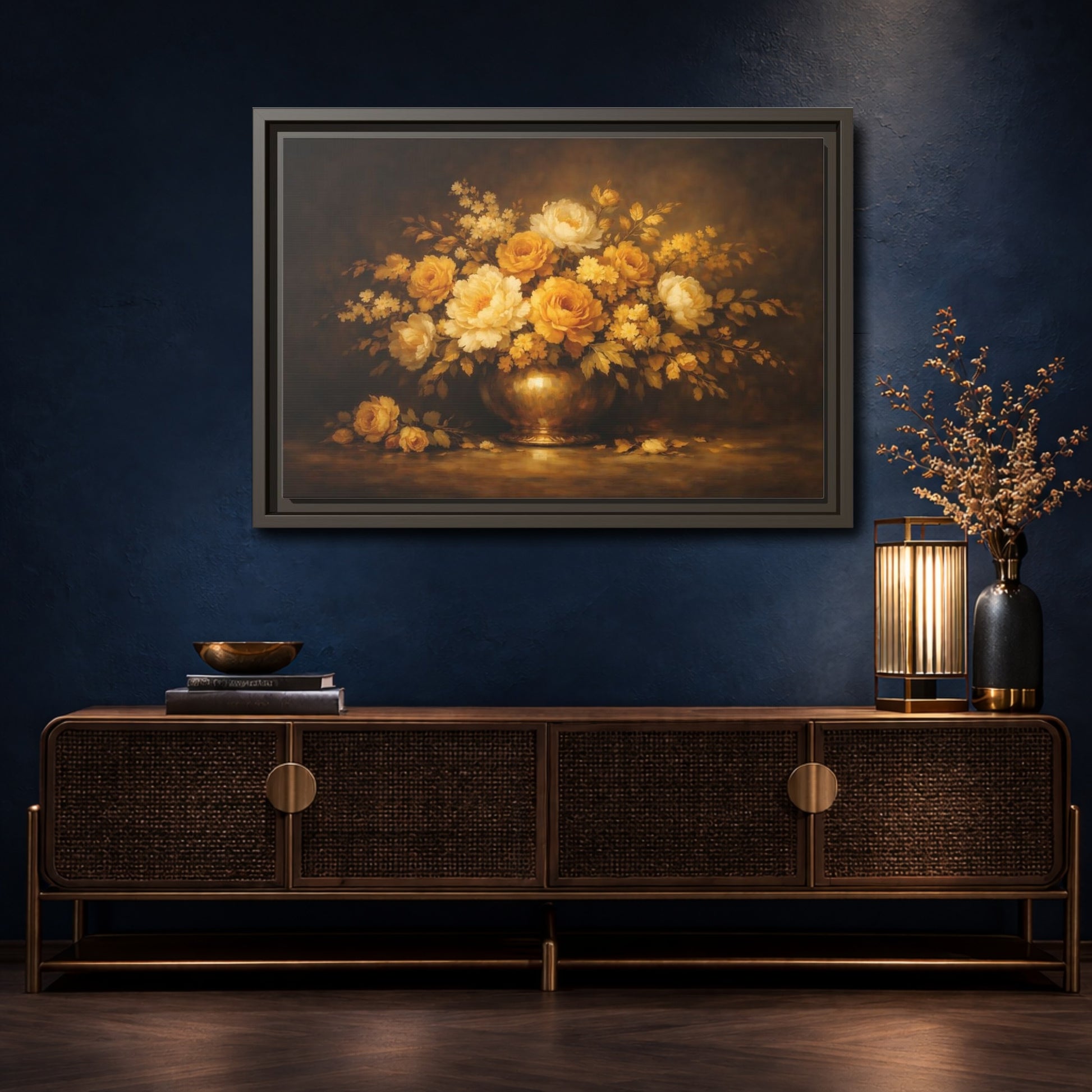 Mockup 4. Floral Flower Bouquet Golden Floral shown as stretched canvas wall art