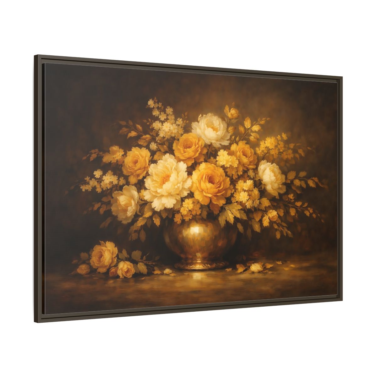 Main Mockup. Floral Flower Bouquet Golden Floral Still Life shown as stretched canvas wall art