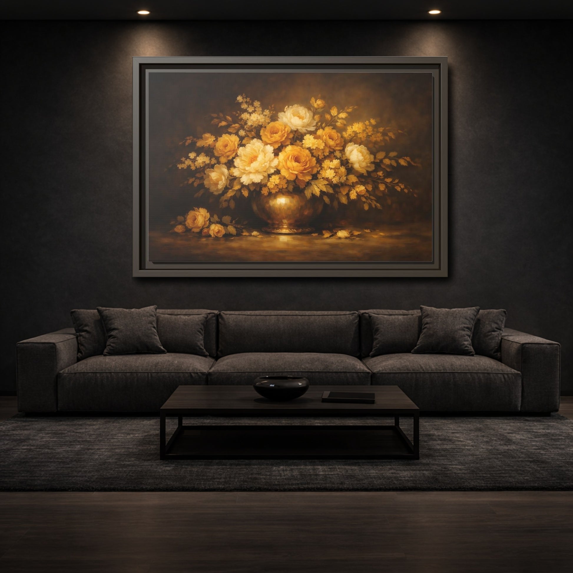 Mockup 2. Floral Flower Bouquet Golden Floral Still Life shown as stretched canvas wall art
