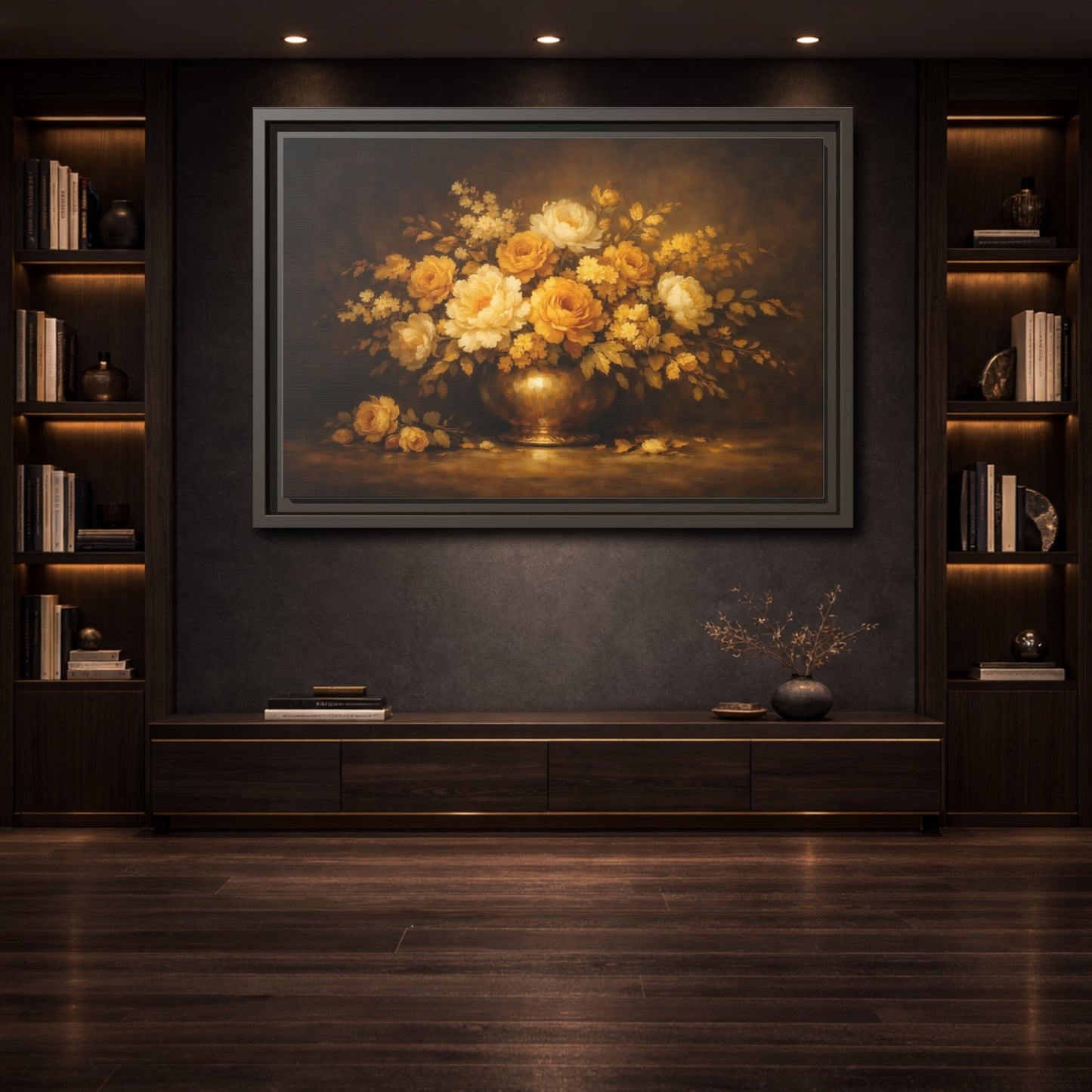 Mockup 3. Floral Flower Bouquet Golden Floral Still Life shown as stretched canvas wall art