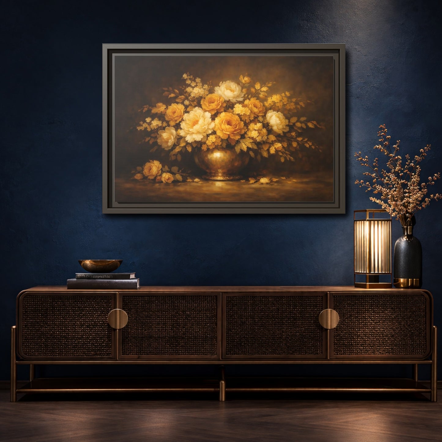 Mockup 4. Floral Flower Bouquet Golden Floral Still Life shown as stretched canvas wall art