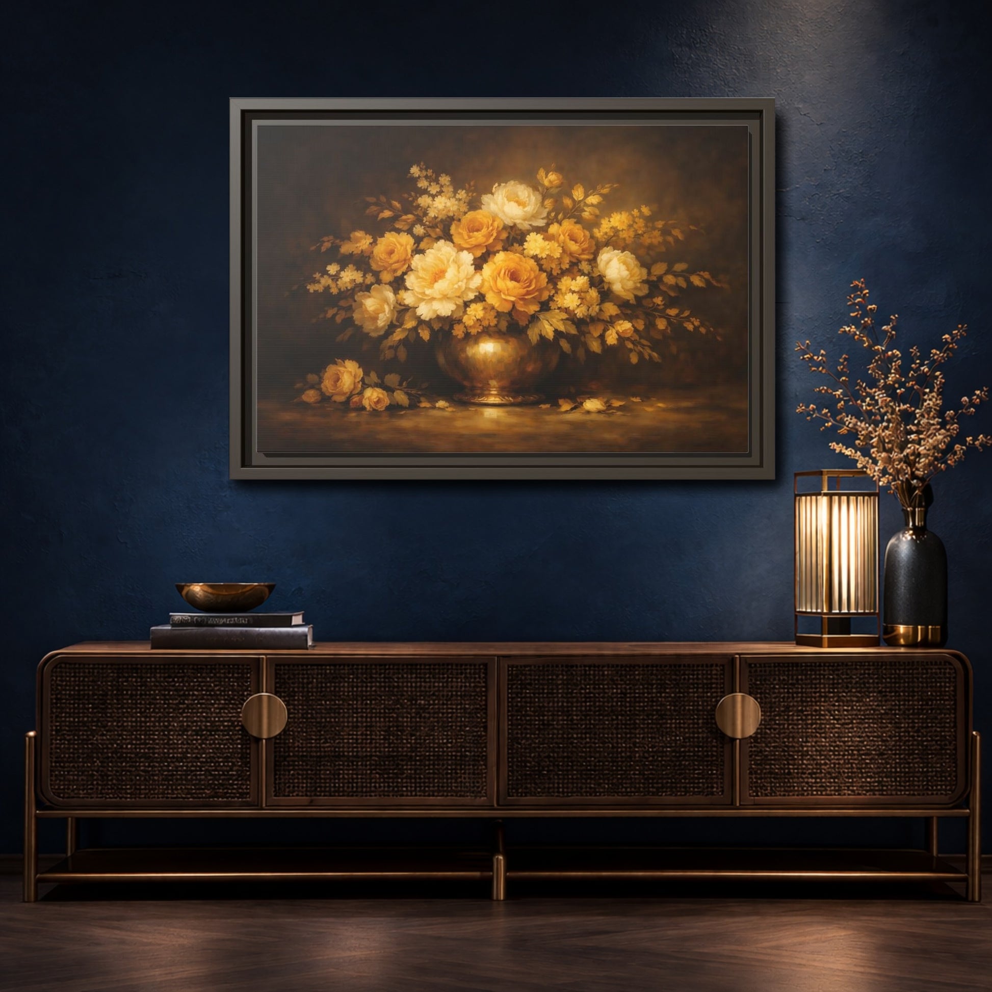 Mockup 4. Floral Flower Bouquet Golden Floral Still Life shown as stretched canvas wall art