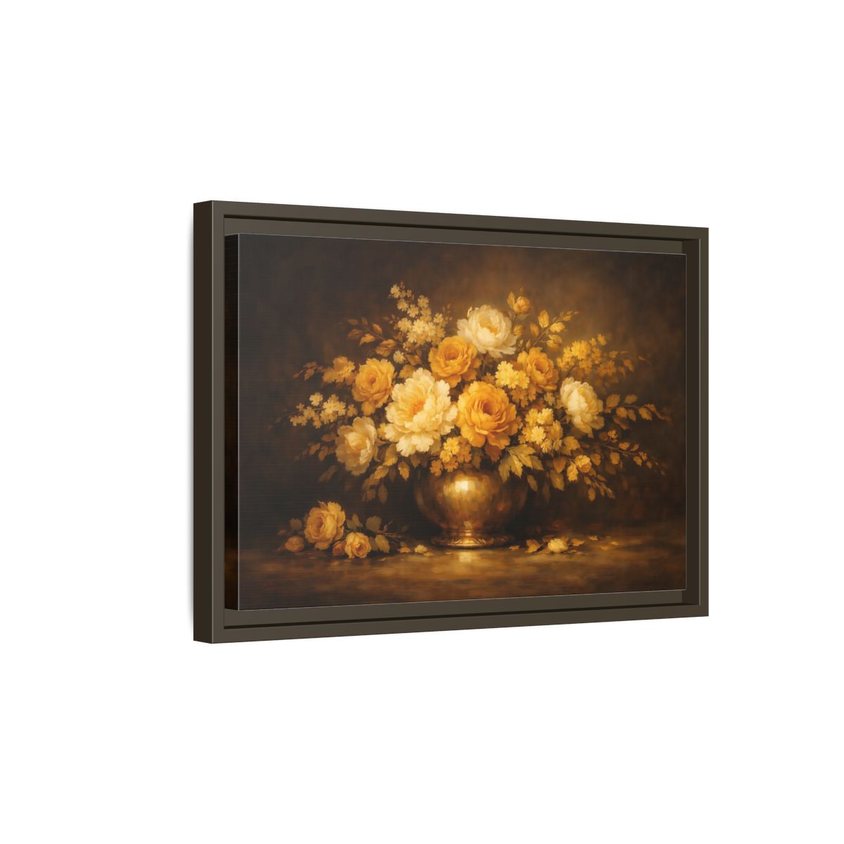 Side Mockup 5. Floral Flower Bouquet Golden Floral Still Life shown as stretched canvas wall art