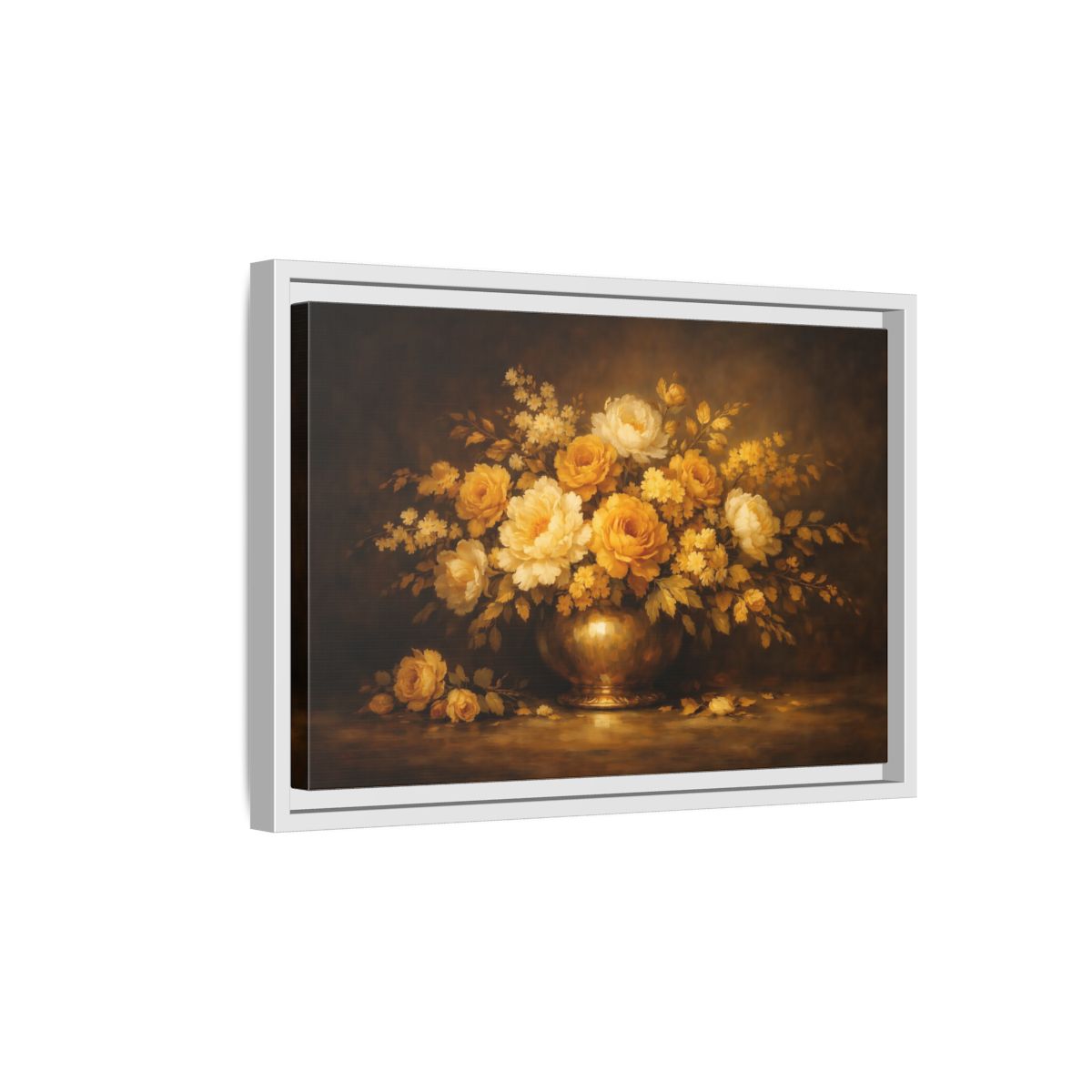 Side Mockup 4. Floral Flower Bouquet Golden Floral Still Life shown as stretched canvas wall art