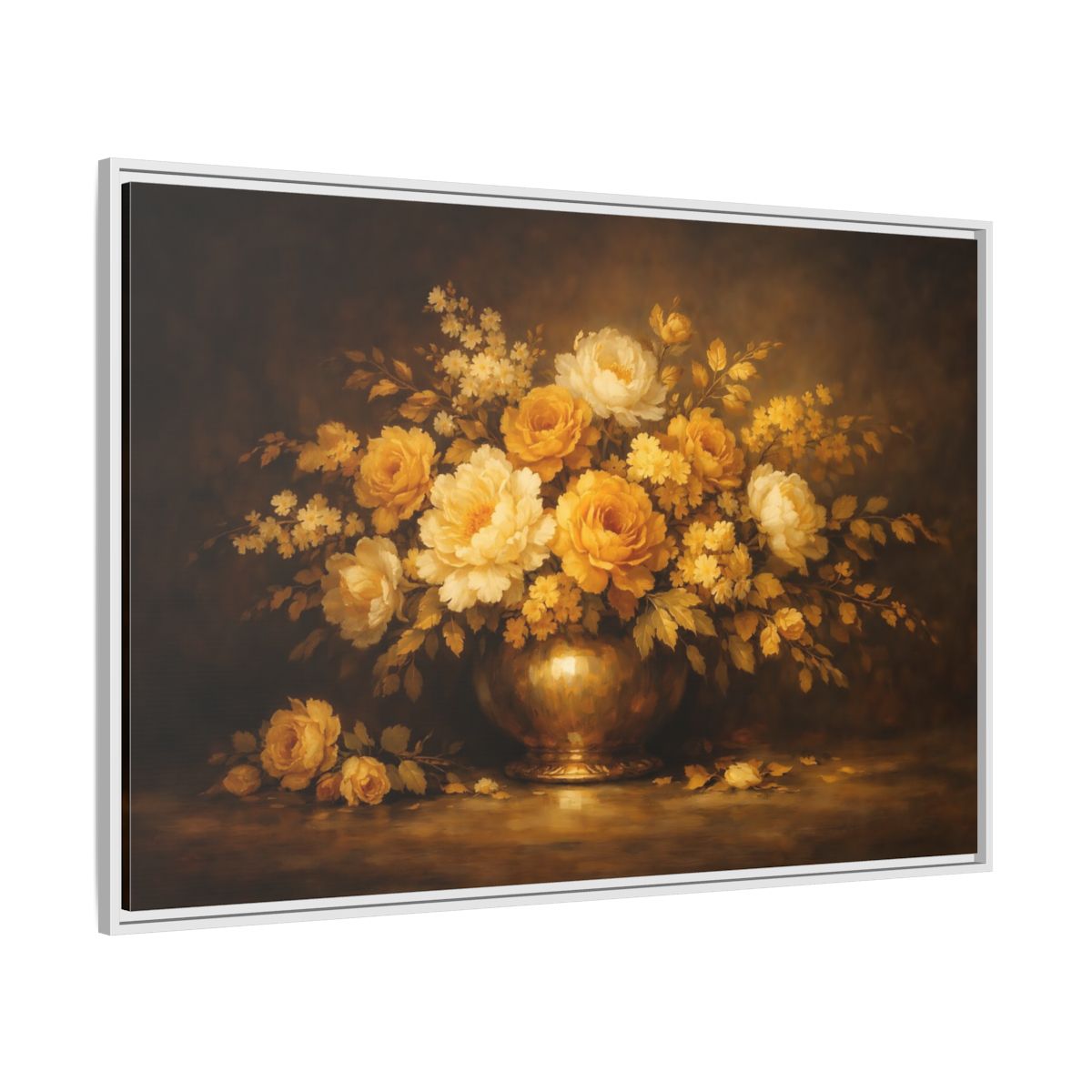 Side Mockup 7. Floral Flower Bouquet Golden Floral Still Life shown as stretched canvas wall art