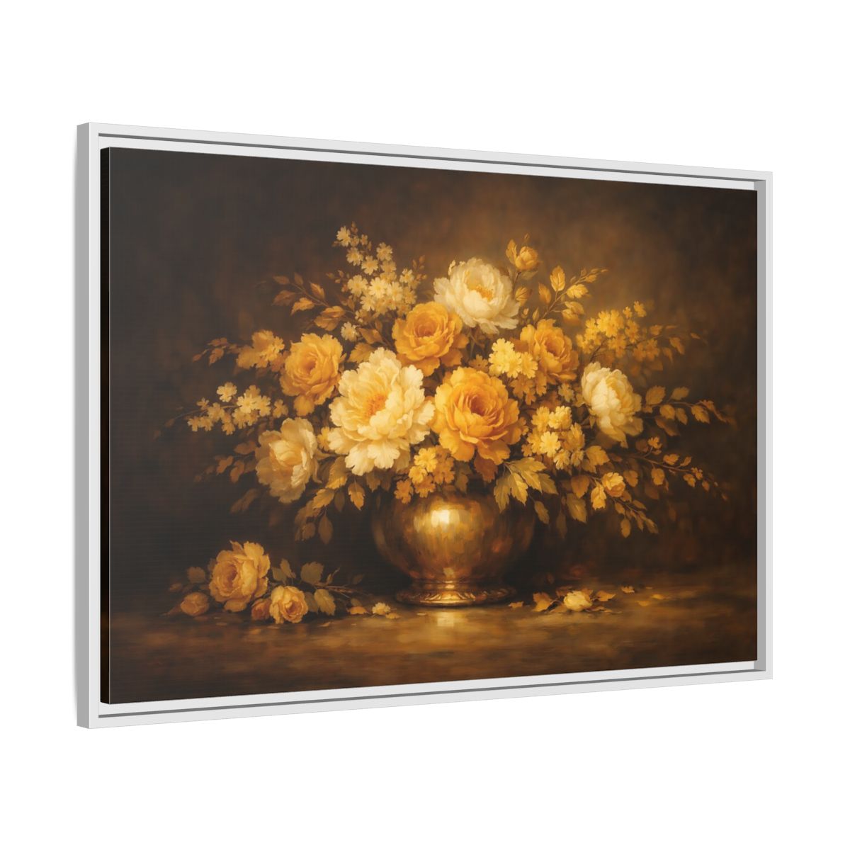 Side Mockup 8. Floral Flower Bouquet Golden Floral Still Life shown as stretched canvas wall art