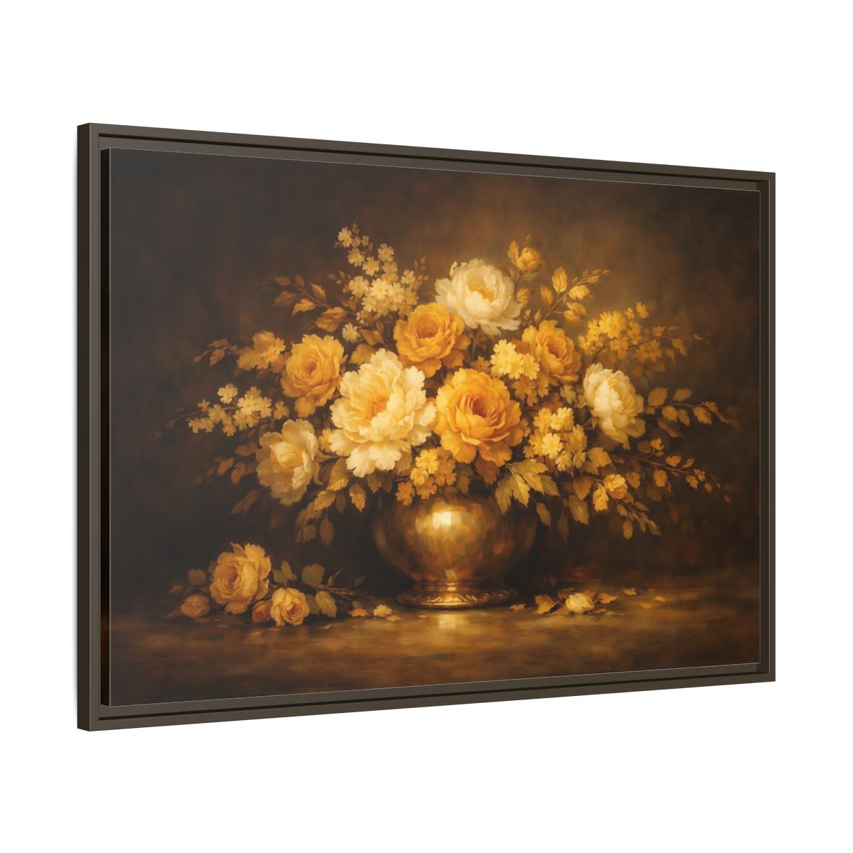 Side Mockup 9. Floral Flower Bouquet Golden Floral Still Life shown as stretched canvas wall art