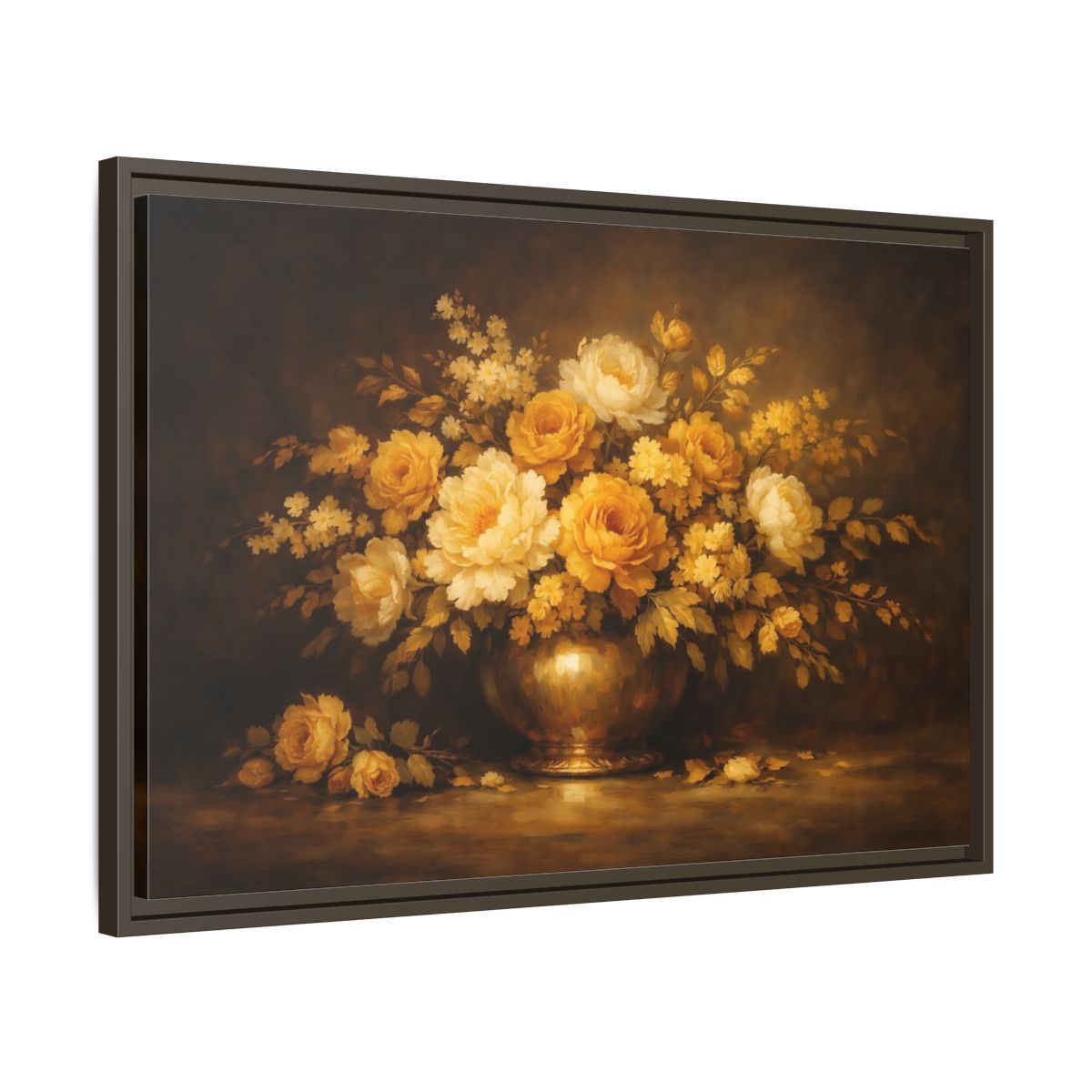 Side Mockup 11. Floral Flower Bouquet Golden Floral Still Life shown as stretched canvas wall art