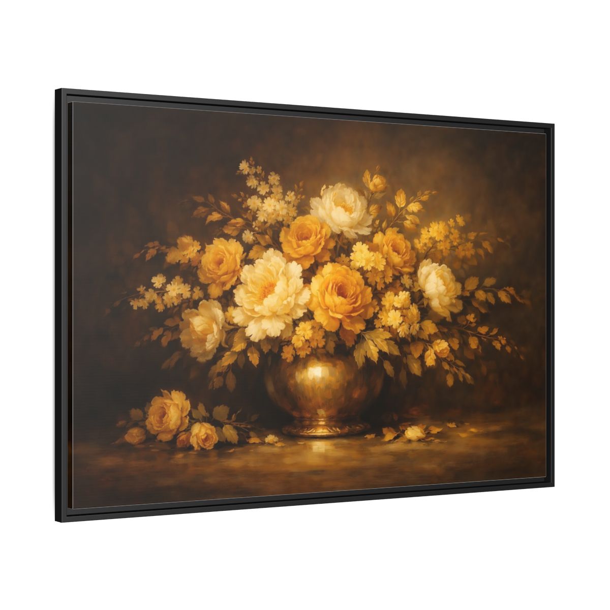 Side Mockup 12. Floral Flower Bouquet Golden Floral Still Life shown as stretched canvas wall art