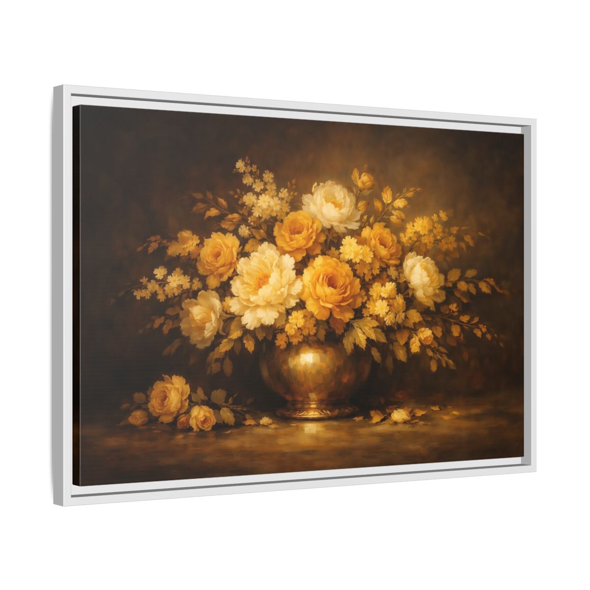 Side Mockup 10. Floral Flower Bouquet Golden Floral Still Life shown as stretched canvas wall art