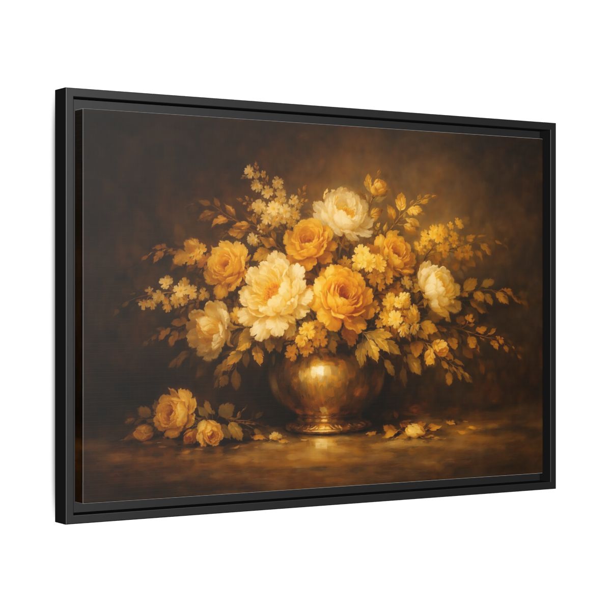Side Mockup 14. Floral Flower Bouquet Golden Floral Still Life shown as stretched canvas wall art