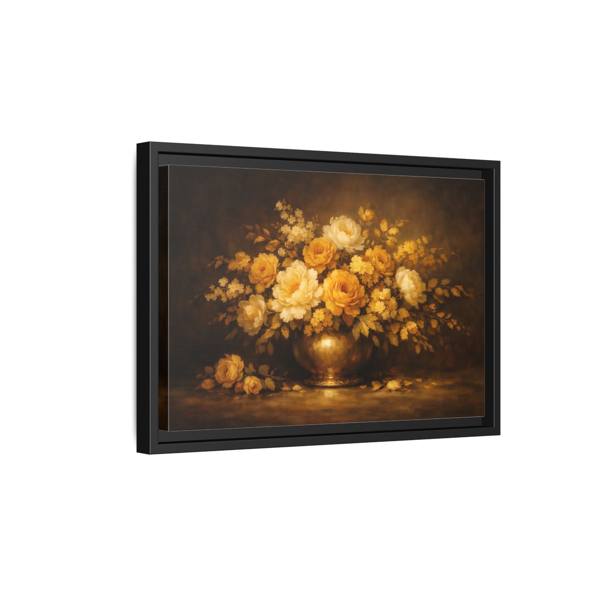 Side Mockup 6. Floral Flower Bouquet Golden Floral Still Life shown as stretched canvas wall art
