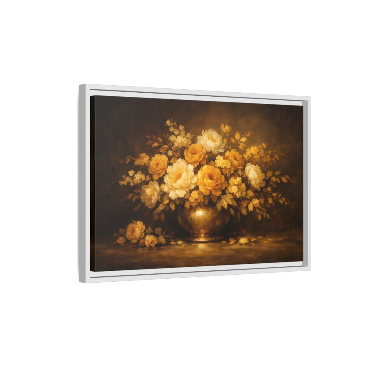 Side Mockup 1. Floral Flower Bouquet Golden Floral Still Life shown as stretched canvas wall art