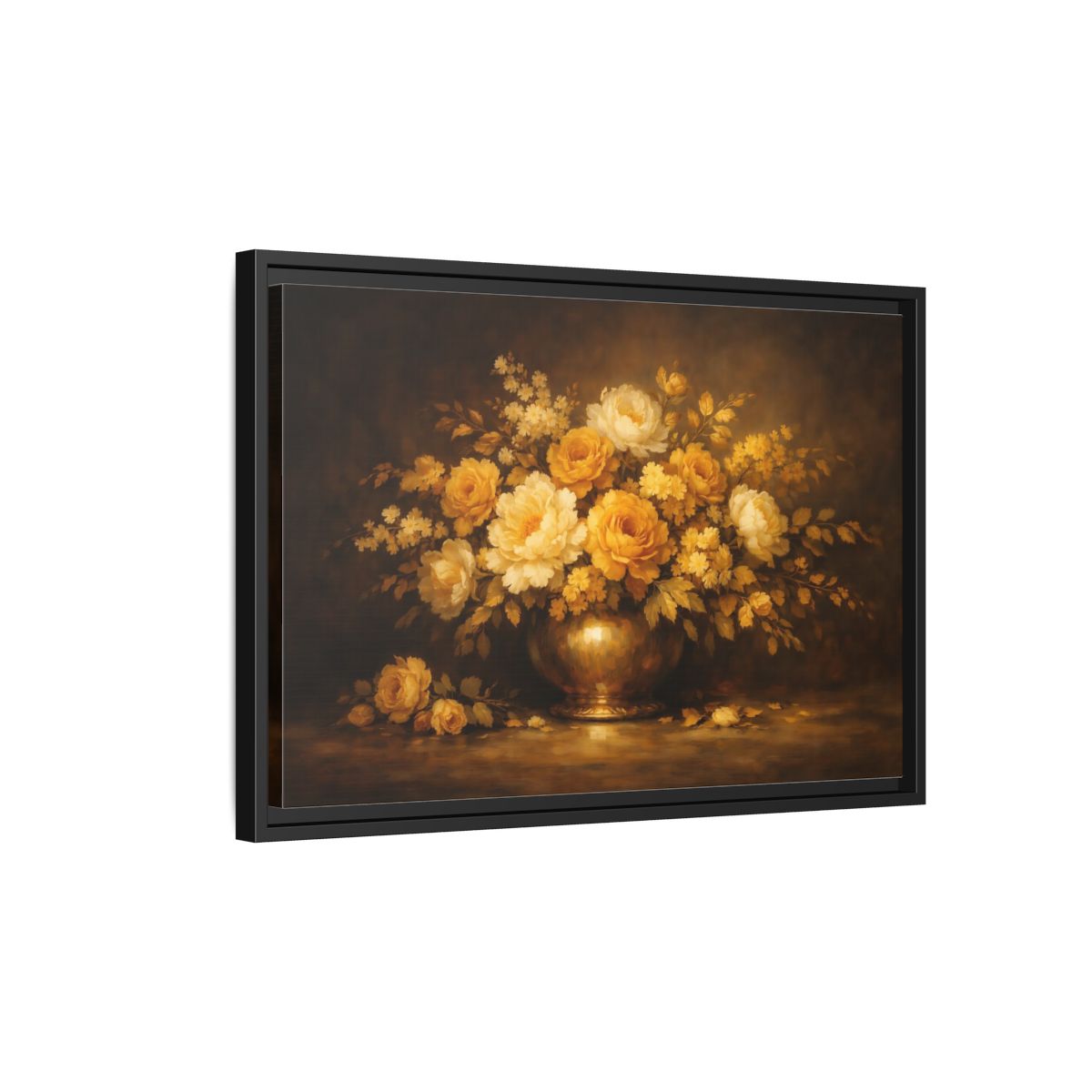 Side Mockup 3. Floral Flower Bouquet Golden Floral Still Life shown as stretched canvas wall art