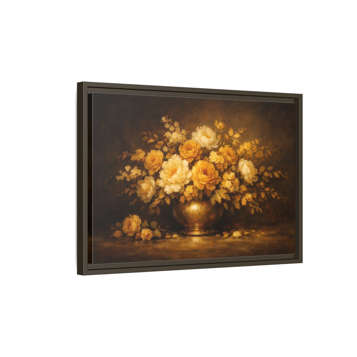 Side Mockup 2. Floral Flower Bouquet Golden Floral Still Life shown as stretched canvas wall art