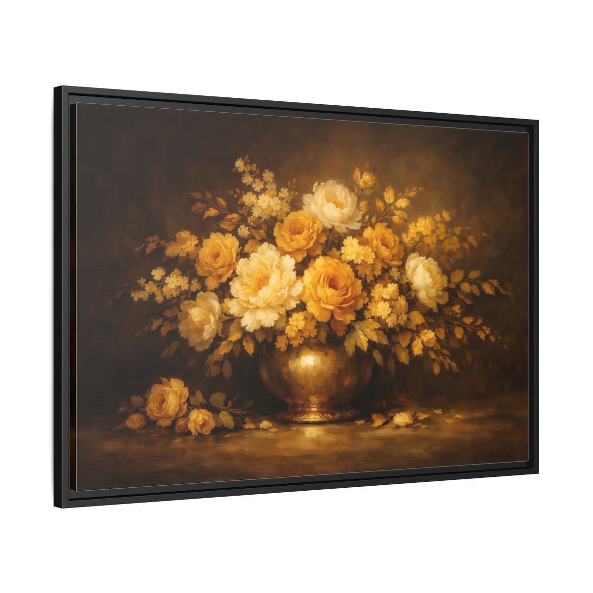 Side Mockup 13. Floral Flower Bouquet Golden Floral Still Life shown as stretched canvas wall art