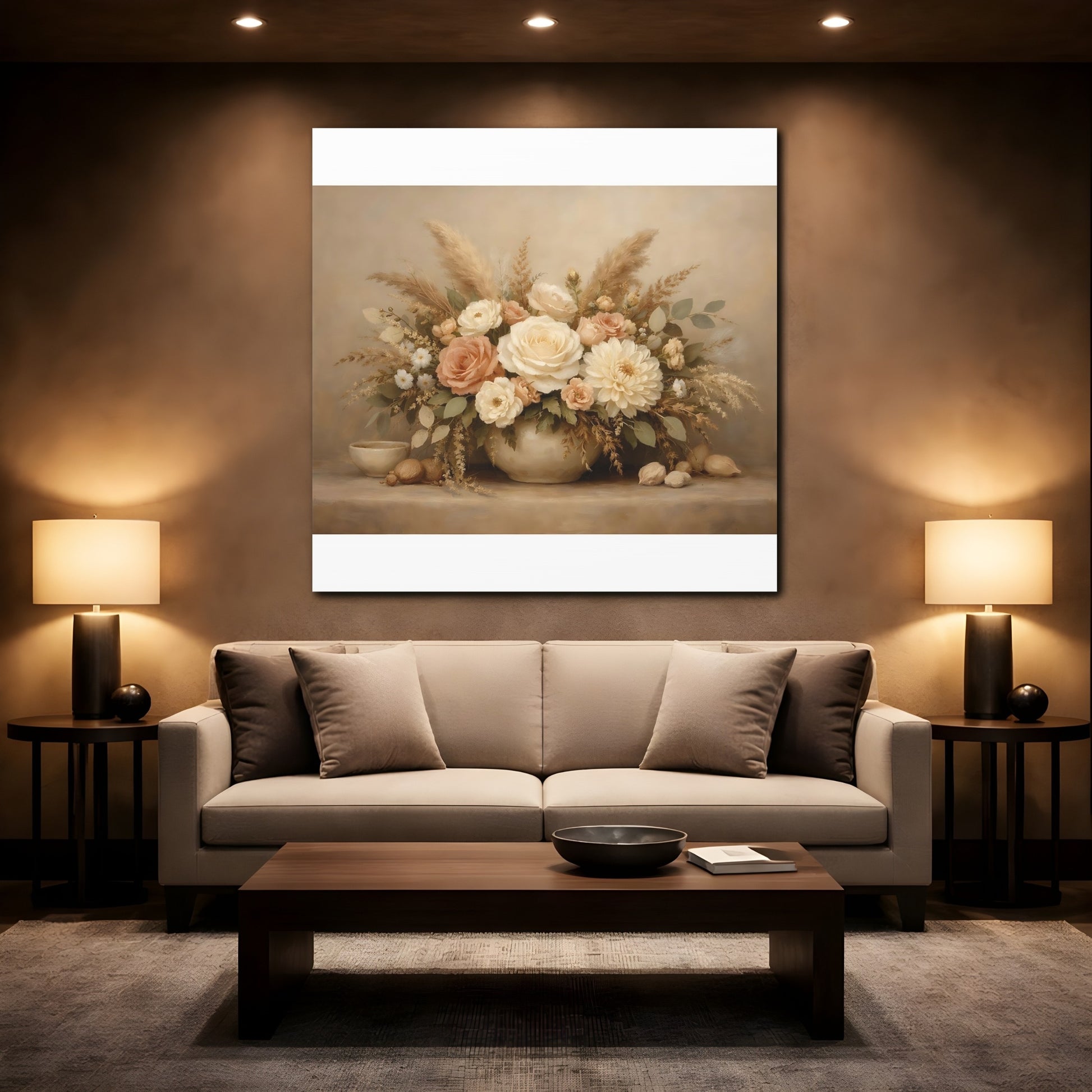 Mockup 2. Floral Flower Bouquet Neutral Floral Arrangement shown as stretched canvas wall art