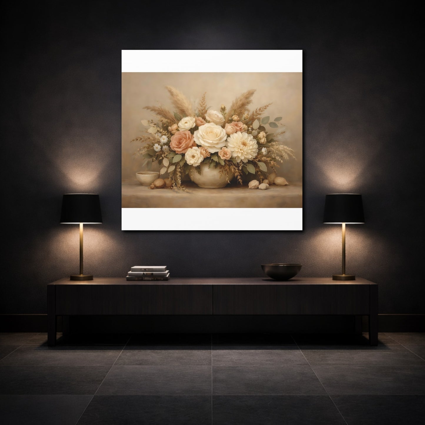 Mockup 3. Floral Flower Bouquet Neutral Floral Arrangement shown as stretched canvas wall art