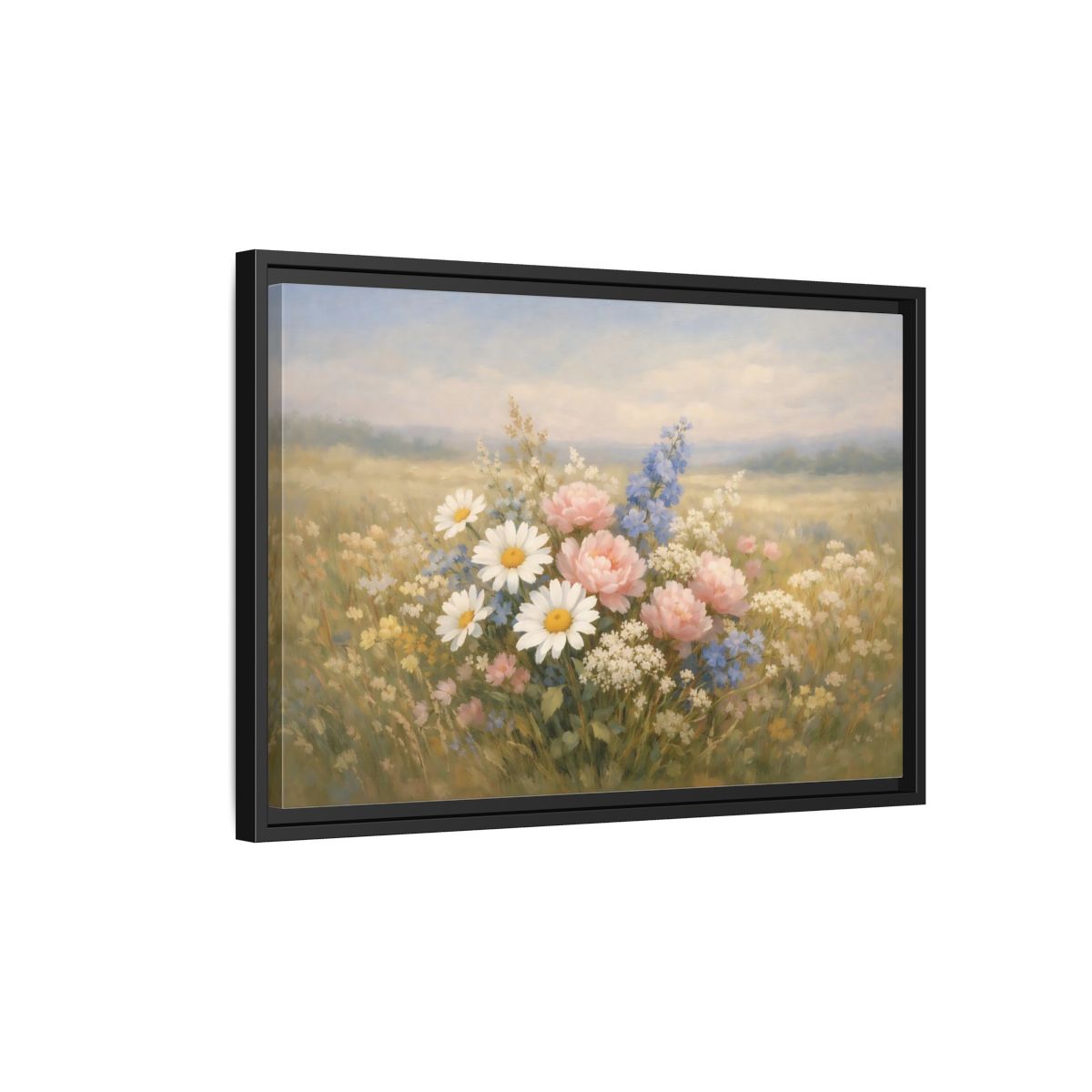 Side Mockup 3. Floral Flower Bouquet Pastel Flower Field shown as stretched canvas wall art