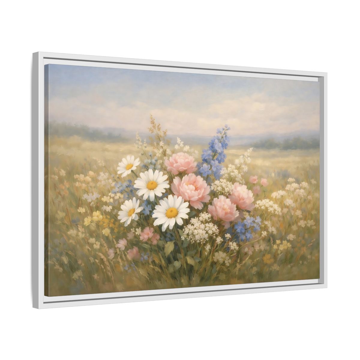 Side Mockup 10. Floral Flower Bouquet Pastel Flower Field shown as stretched canvas wall art