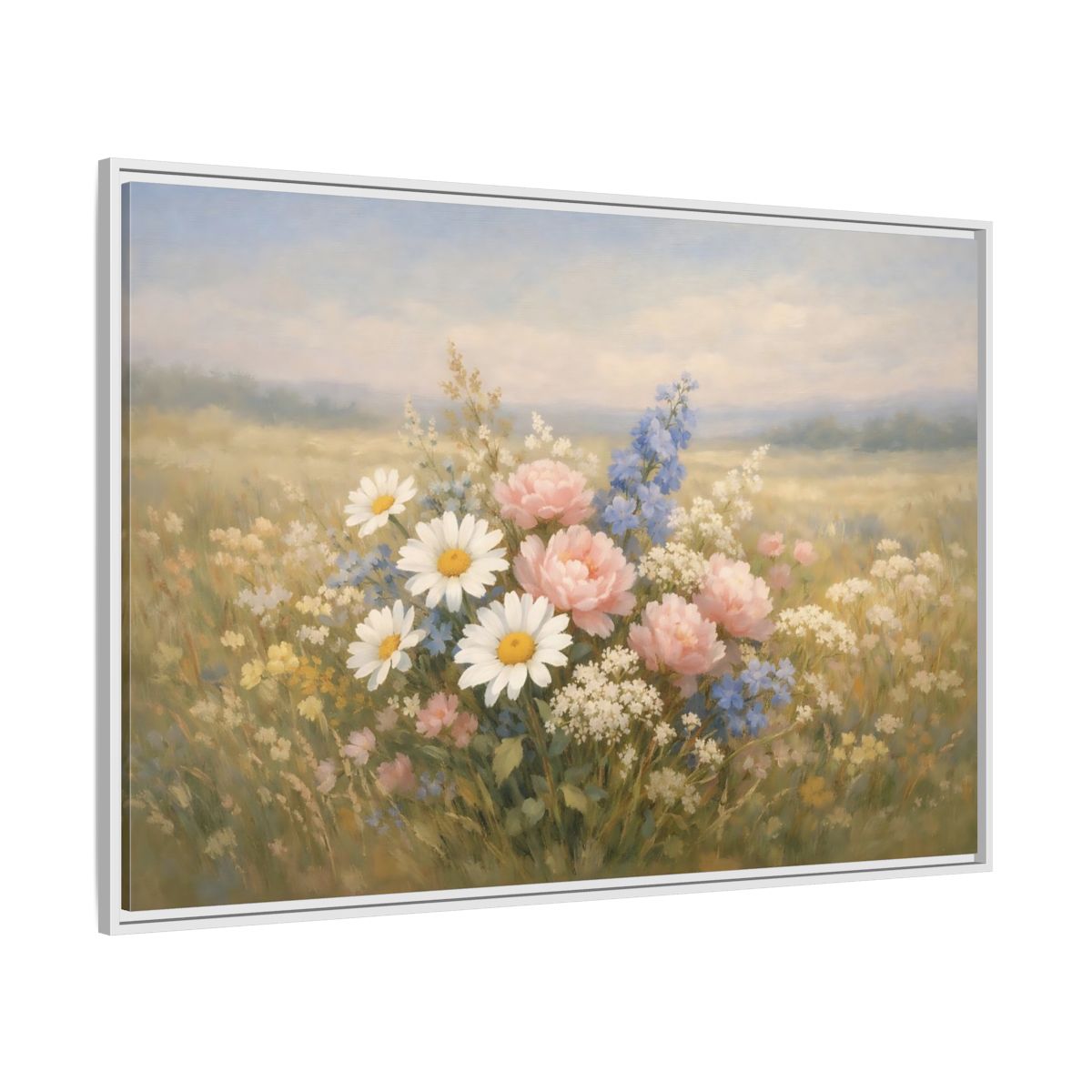 Side Mockup 7. Floral Flower Bouquet Pastel Flower Field shown as stretched canvas wall art